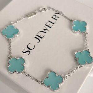 Blue Clover Bracelet Double Sided Silver Color Chain Four Leaf Platinum Plated